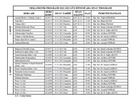 Mekatronik 2022-2023 Güz Ara Sınav Programı