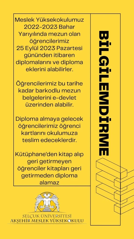2022-2023 Bahar Yarıyılında Mezun Olan Öğrenciler için Diploma Duyurusu