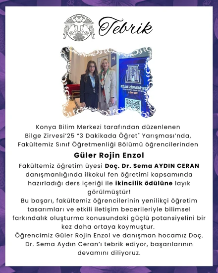 Tebrik: Öğrencimiz Güler Rojin Enzol "3 Dakikada Öğret" Yarışmasında Ödül Aldı!