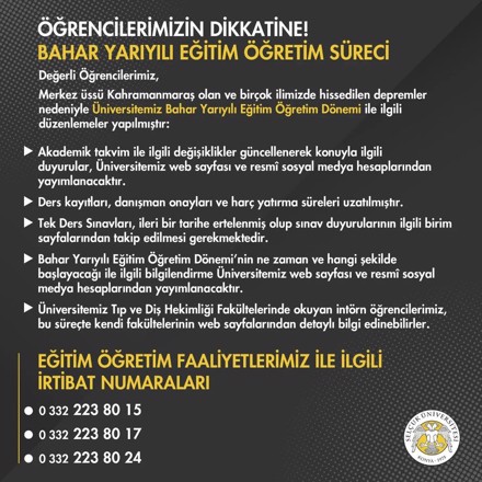 Bahar Yarıyılı Eğitim Öğretim Duyurusu