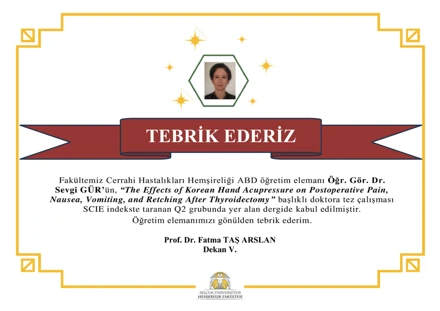 Öğr. Gör. Dr. Sevgi GÜR' ün Doktora Tezi Proje Ödül Tebriki