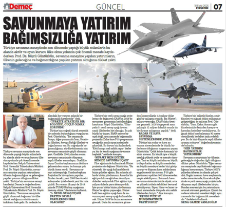 Yüksekokulumuz Müdürü Prof.Dr. Rüştü GÜNTÜRKÜN, "Savunmaya Yatırım Bağımsızlığa Yatırım" başlıklı demeci 18.09.2025 tarihinde yayınlandı.