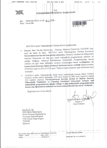 Teknoloji Fakültesi Mezunlarının Mühendislik Unvanları ile İlgili Resmi Karar